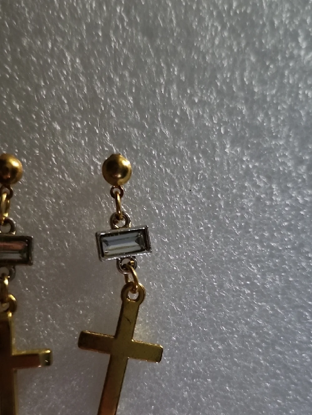 Hand Crafted Gold Cross Drop Earrings with Clear Stone